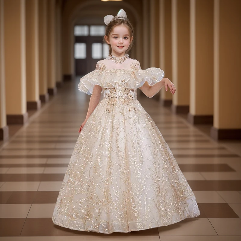 2025新款儿童舞台演出主持人礼服香槟色晚礼服春夏薄纱蓬蓬公主裙
