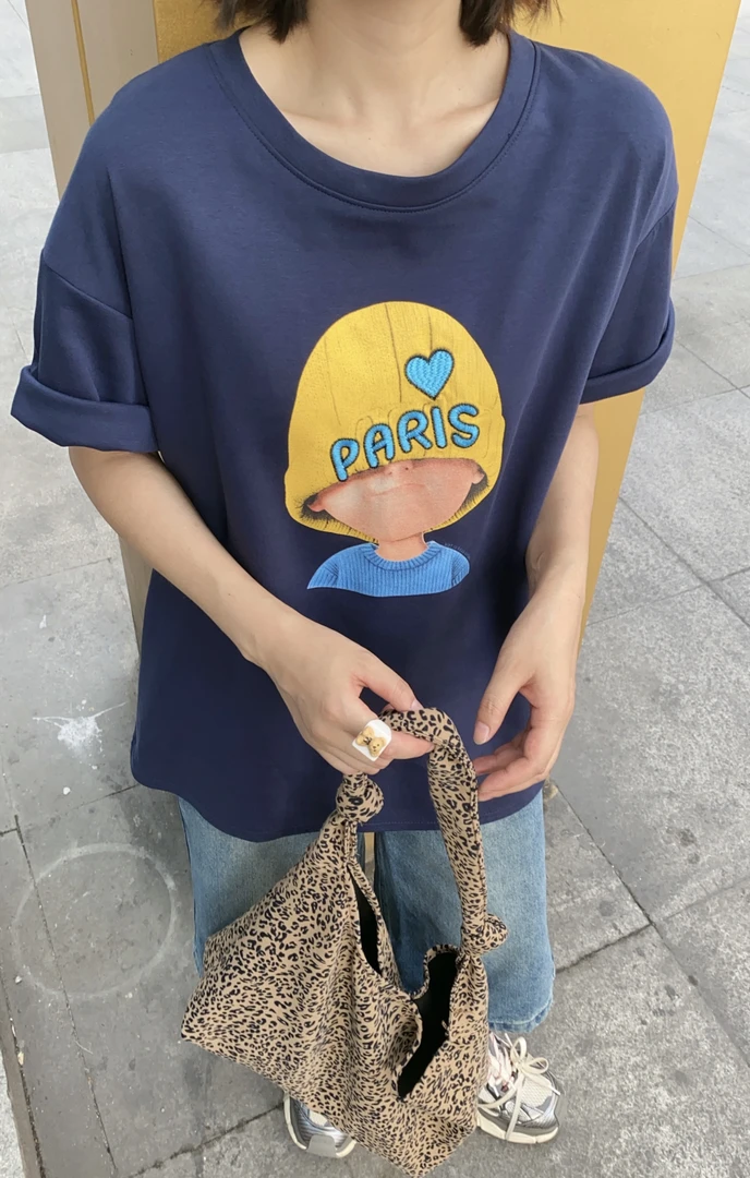 常规款蓝色宽松欧美风T恤休闲短袖同款常规圆领潮流t帽子男孩