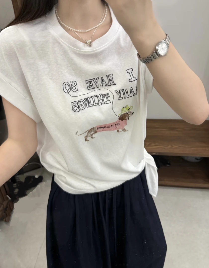 【百万严选】韩系飞飞袖~腰部打结 小狗印花t恤短袖~5802