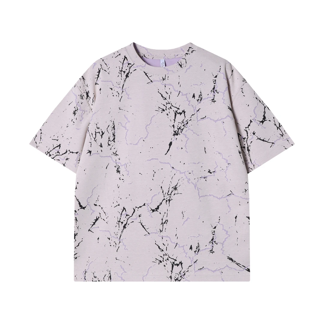 T2525新款时尚个性韩版扎染撞色磨破圆领短袖T恤潮流宽松百搭上衣