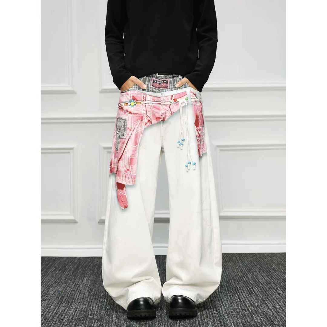 美式复古衬衫3D印花牛仔裤男秋季街头宽松百搭阔腿裤休闲个性长裤