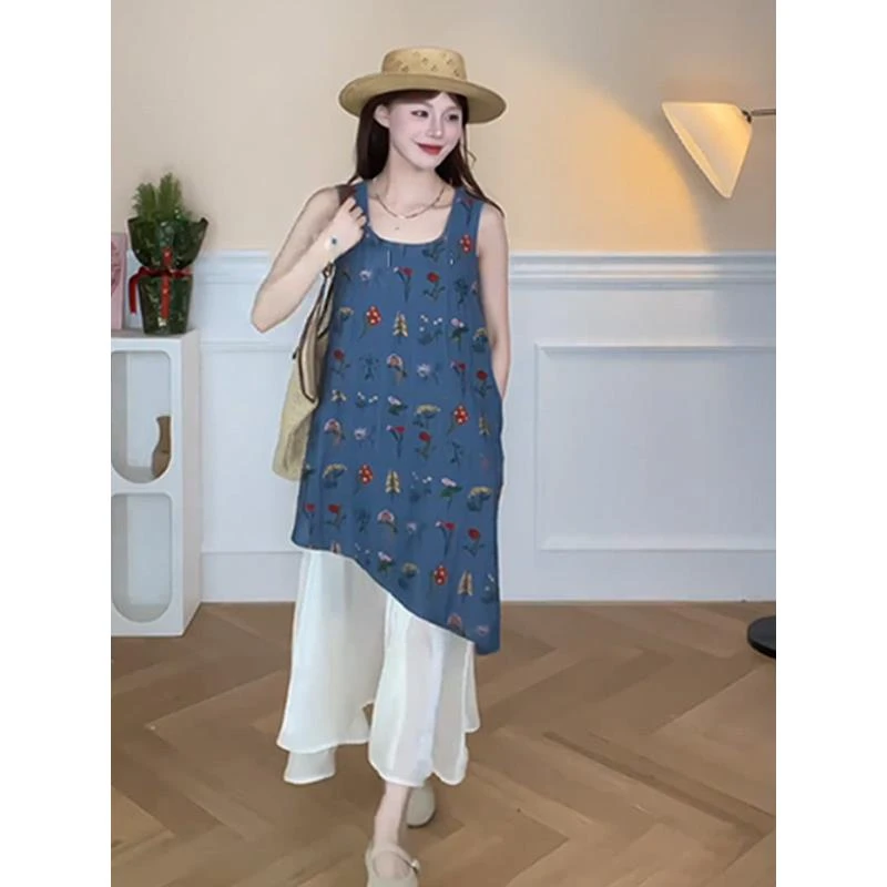 【心动情报】蓝色假两件刺绣连衣裙女装2025夏季新款假两件时尚长裙