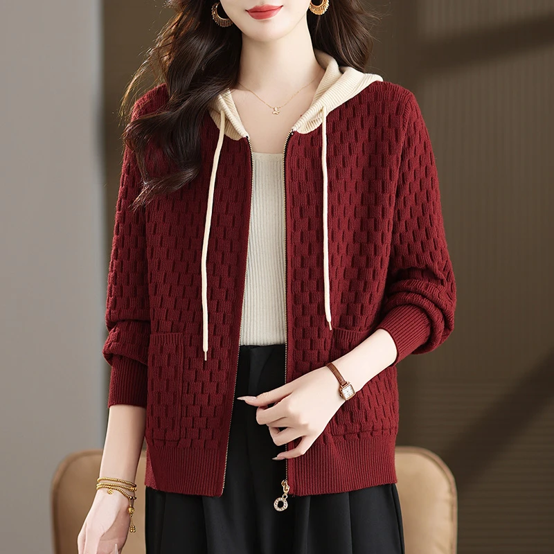 拉链针织开衫毛衣外搭女士2025早秋新款外套连帽卫衣大码春秋外搭