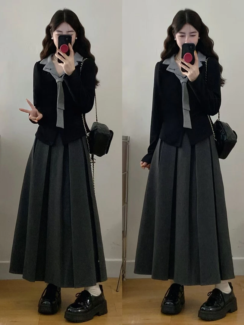 实拍现货 大码女装胖mm假两件翻领刺绣上衣+百褶长裙两件套