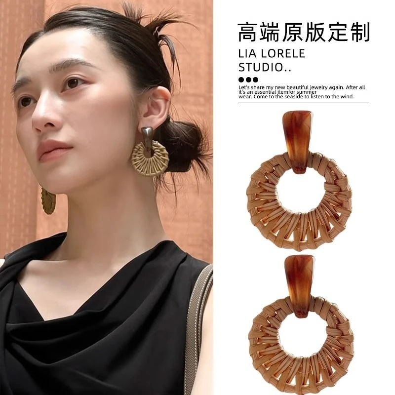 波西米亚复古竹藤手工耳环度假旅行海边高级感欧美夸张编织耳饰女