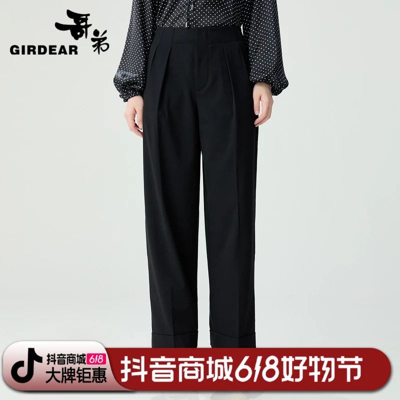 哥弟 显瘦高腰休闲夏季黑色宽松1100518休闲裤小黑裤