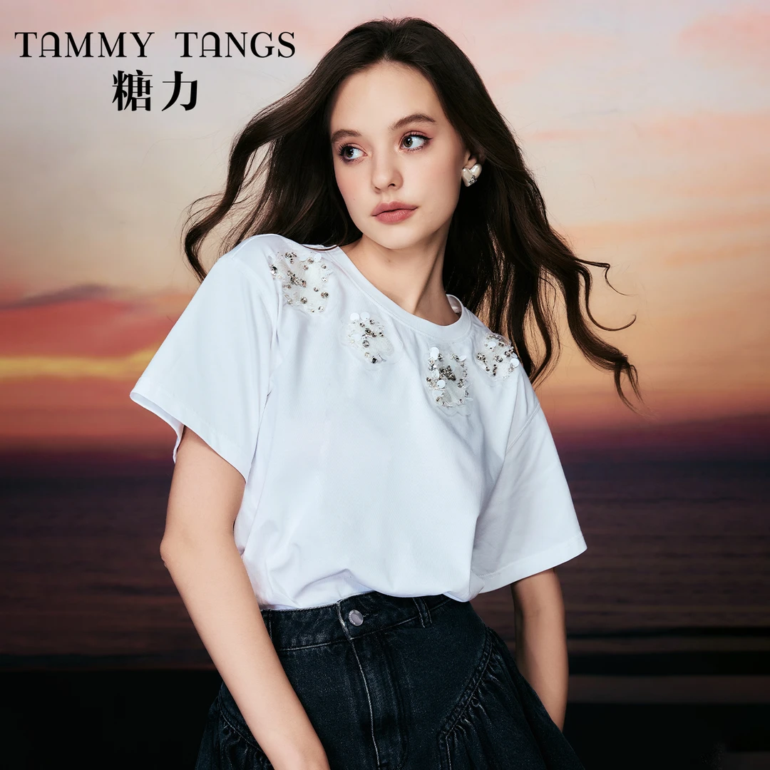 【老板娘夏天】 糖力 夏新款水晶钉珠重磅棉T恤短袖打底衫上衣