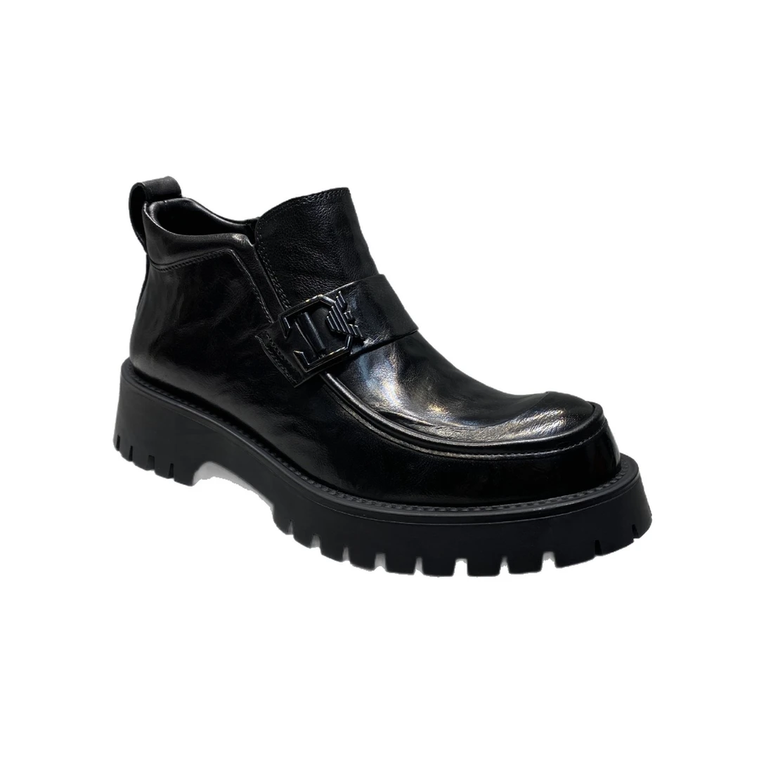 厚底透气休闲皮鞋工装鞋黑色圆头时尚增高防滑时装靴