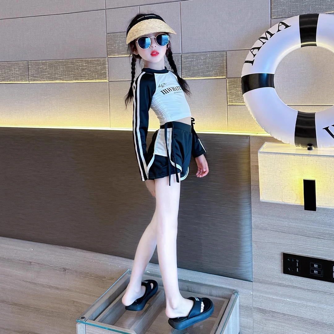 女童分体泳衣2025新款儿童夏款长袖防晒泳装小女孩时尚字母游泳服