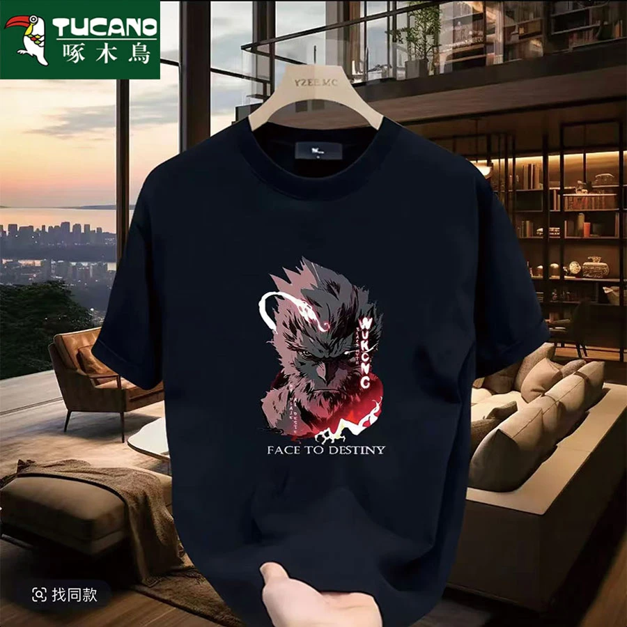 啄木鸟印花韩版圆领美式印花宽松纯棉T恤潮流ins黑色网红情侣短袖