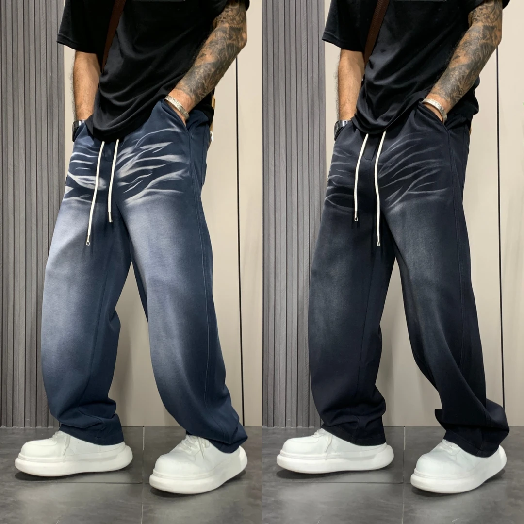 2025秋季新款时尚港风宽松潮流休闲裤男士百搭松紧腰阔腿直筒裤子