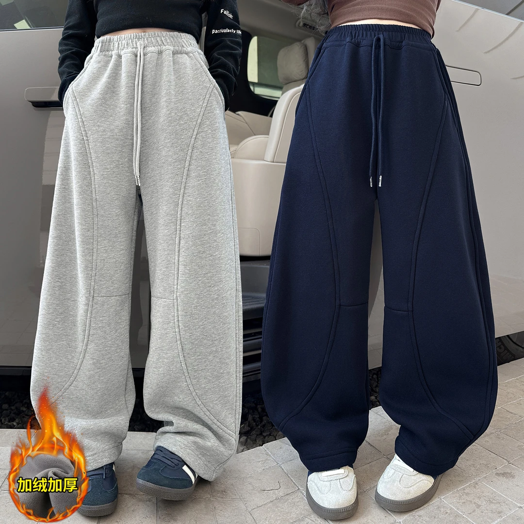 女童大童加绒阔腿裤冬季新款初中生休闲运动裤加厚卫裤冬装裤子潮