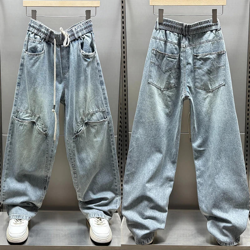 夏季新款美式高街复古水洗做旧牛仔裤潮流宽松痞帅垂感休闲直筒裤