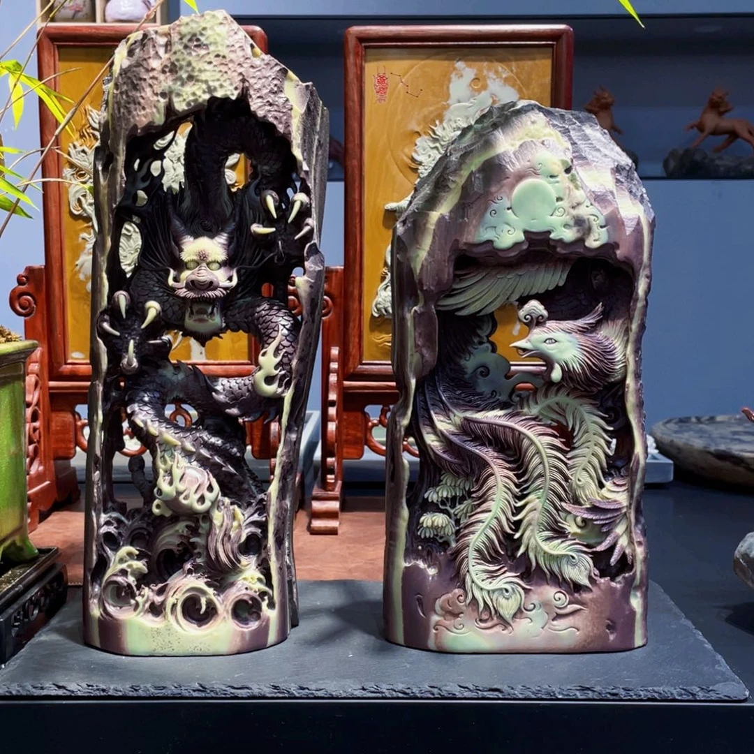 一对龙凤摆件紫袍玉带石