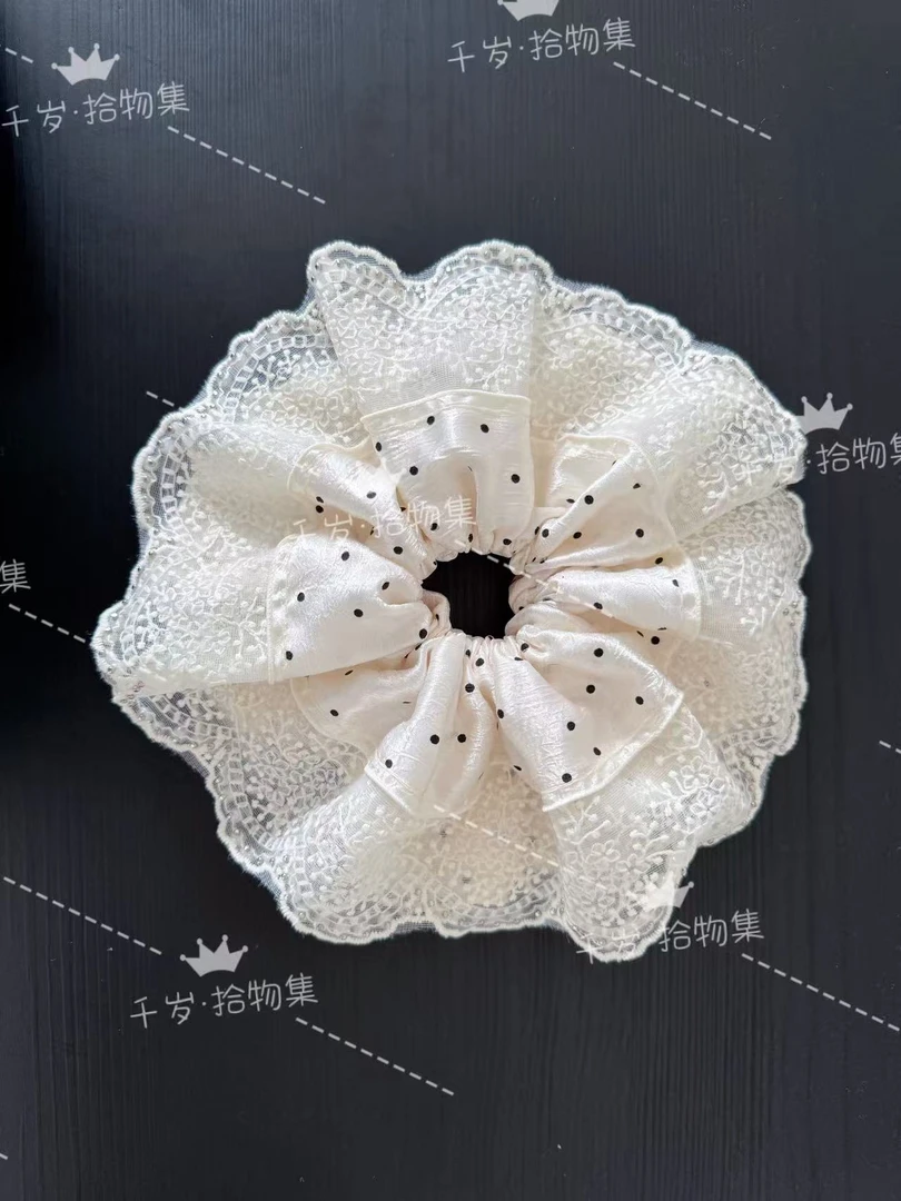 珍珠白黑波点重工蕾丝款发圈（133）