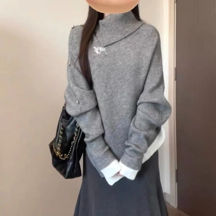 绵羊绒美式高级感软糯灰色斗篷秋冬毛衣女不规则宽松显瘦上衣针织