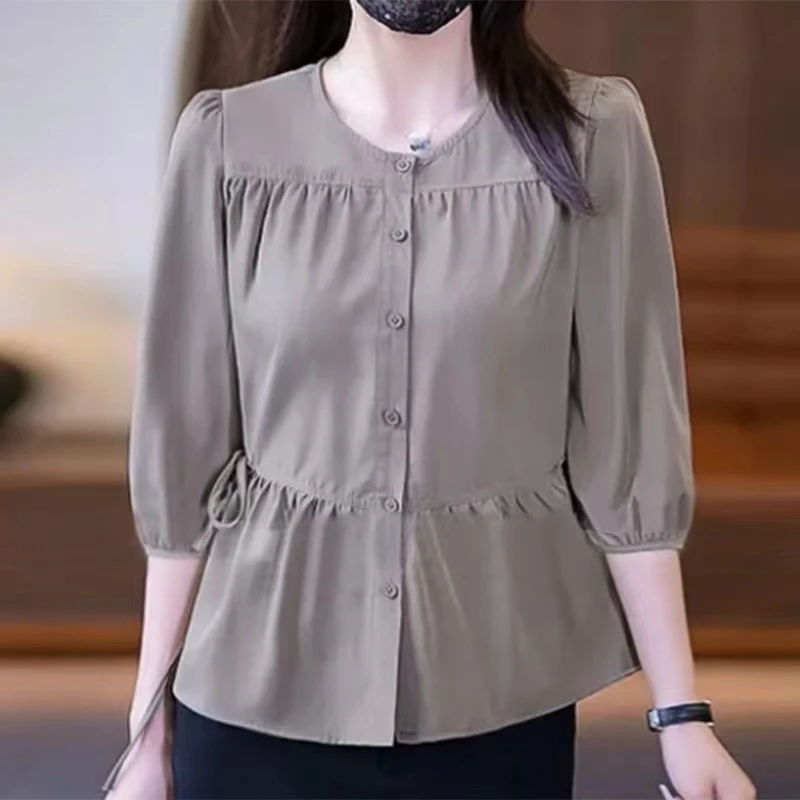 纯色衬衫上衣显瘦气质秋季小衫收腰中袖