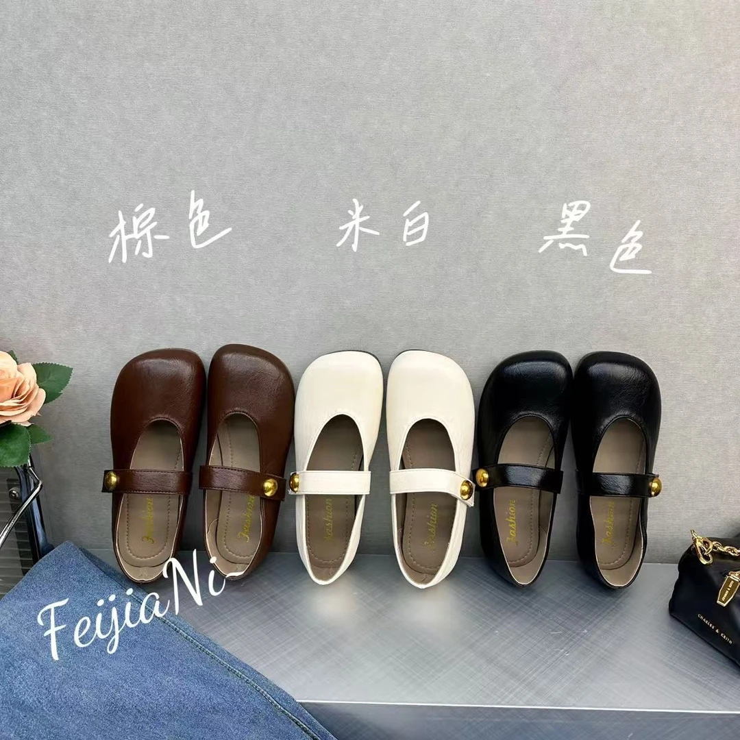 FeiJiaNi/斐佳妮2025法式百搭小金扣复古玛丽珍气质方圆头单鞋