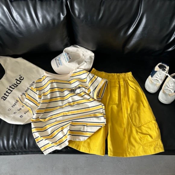 男女童条纹短袖套装儿童洋气T恤2025夏装中大童印花T女童体恤潮