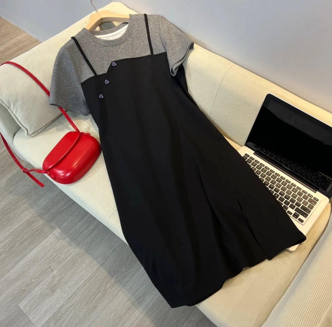 2025夏季新款超显瘦假两件连衣裙女圆领开叉连衣裙