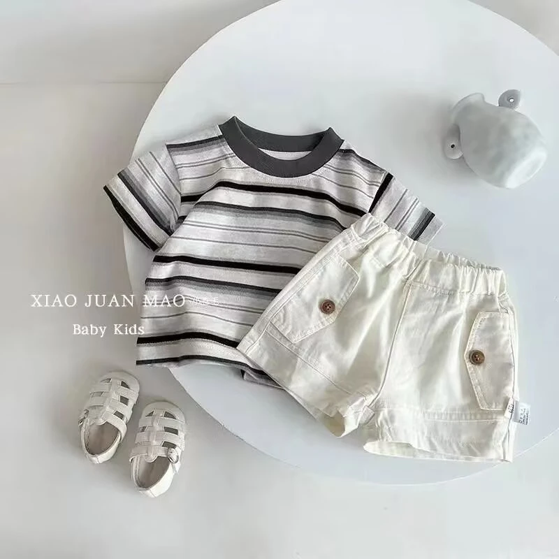 条纹休闲男夏季工装风纯色套装中小童男女宝女童男童童装酷帅新款