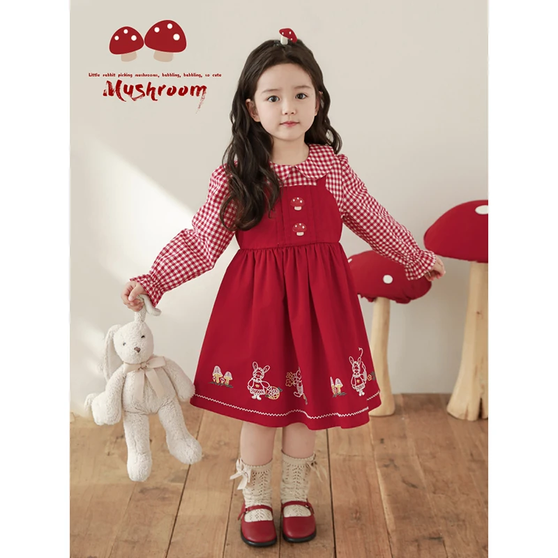 幼悠【蘑菇兔格】女童春壹波春秋洋气长袖卡通兔子背心连衣裙C3006