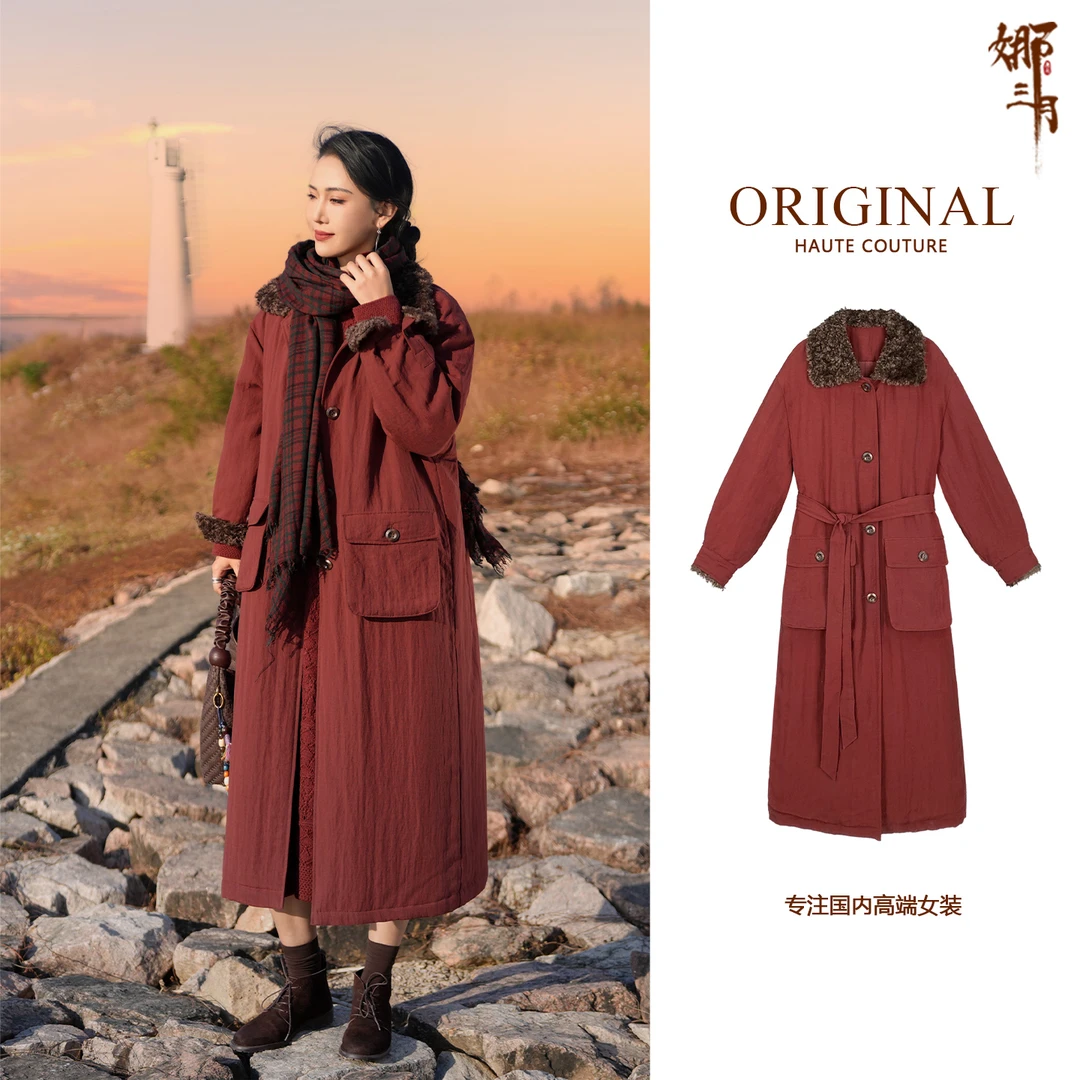 娜三月棉服外套女冬款仿羊羔毛领加厚保暖秋冬红色棉衣过年MY0131