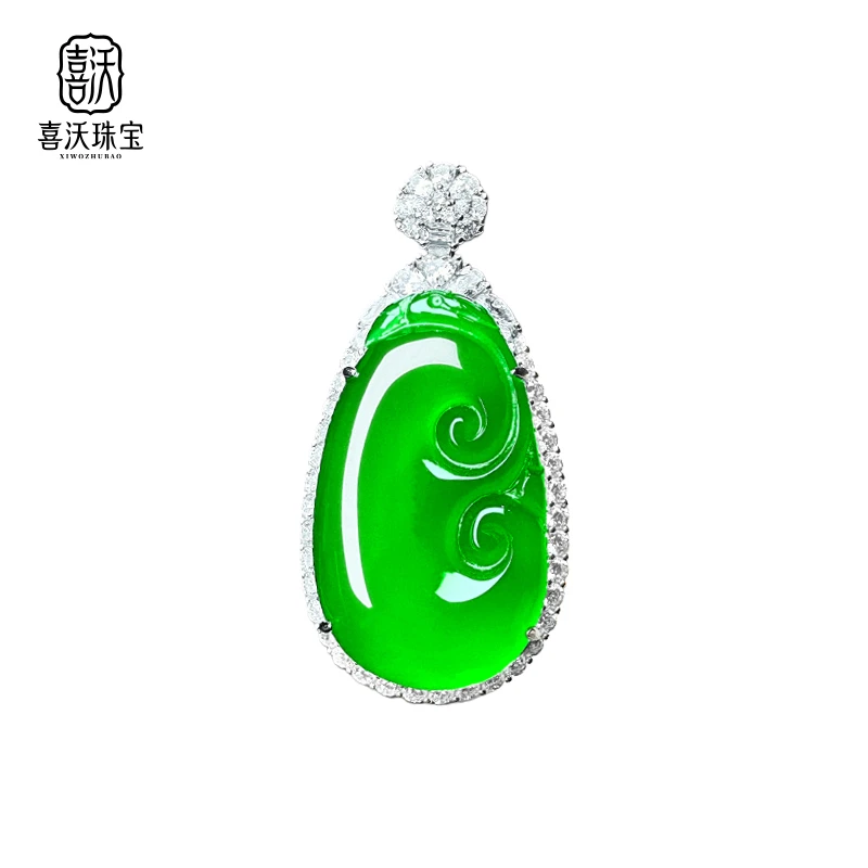 喜沃珠宝·S925银镶顶钻满镶天然玉髓满绿如意吊坠