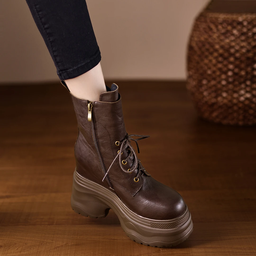 小个子手工女鞋12+3cm~圆头厚底内增高短靴女秋冬新款系带马丁靴
