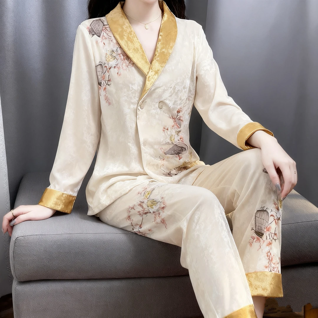 秋冬季时尚V领睡衣女士长袖秋季新款金钻绒舒适田园家居服一整套