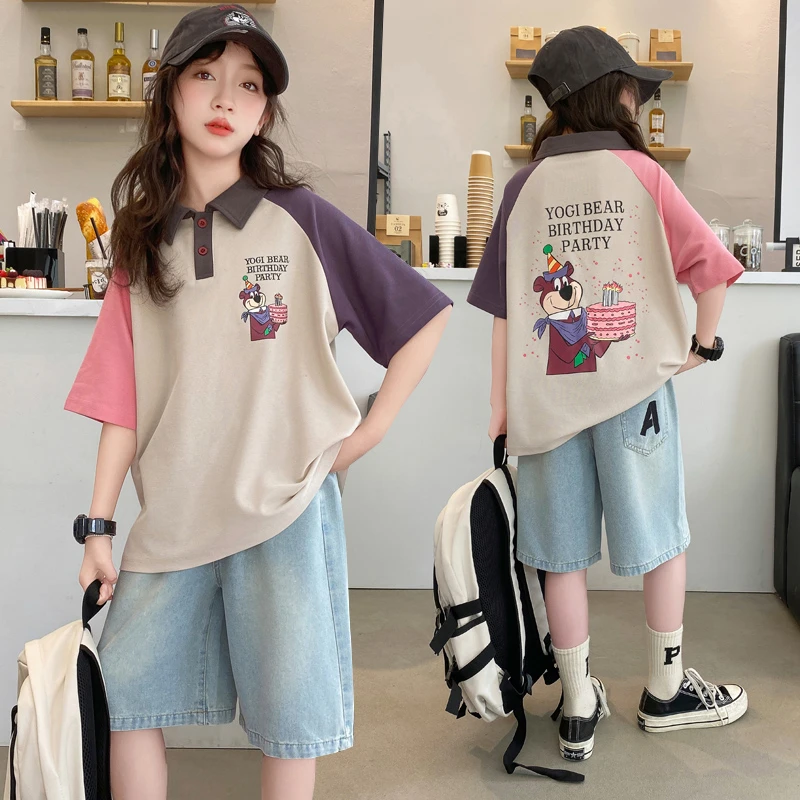 女童Polo衫短袖T恤牛仔裤套装2025夏季款韩版儿童休闲洋气两件套