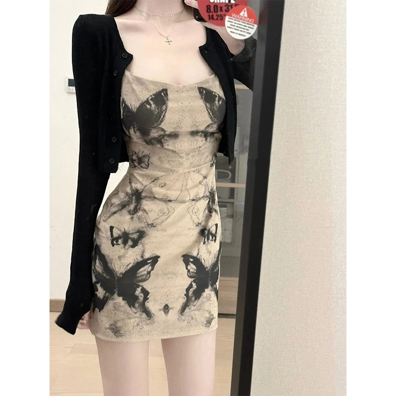 复古水墨蝴蝶吊带裙法式气质修身包臀连衣裙开衫两件套2025年新款