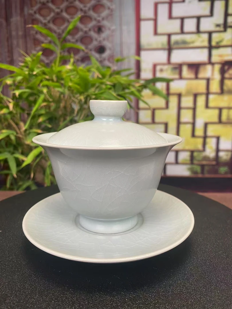 汝瓷月白 元宝三才盖碗复古陶瓷茶具防烫开片适合家用泡茶 茶盖碗
