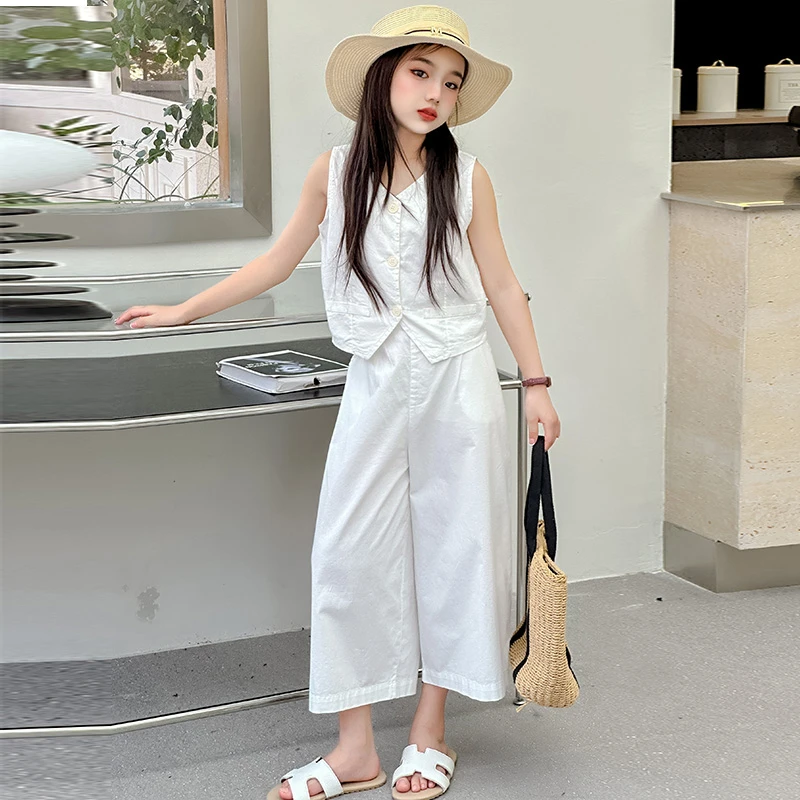 女童夏季新款2025无袖背心马甲阔腿七分裤两件套儿童洋气休闲套装