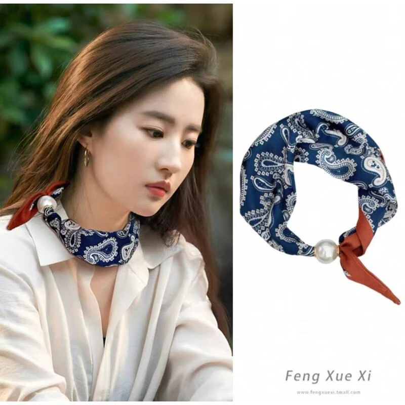 （9028）时尚黑白腰果花长条方巾小丝巾女春夏磁吸扣项链发带护颈脖