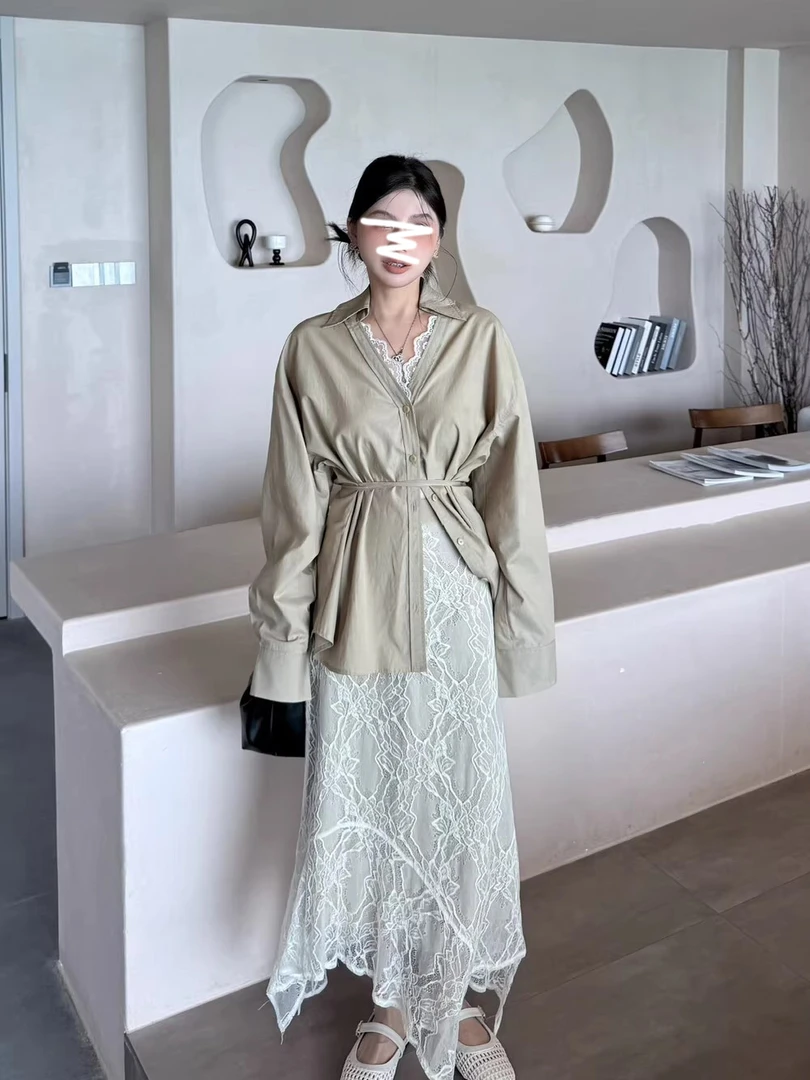 法式富家千金名媛套装蕾丝拼接收腰衬衫女装秋季蕾丝半身裙两件套