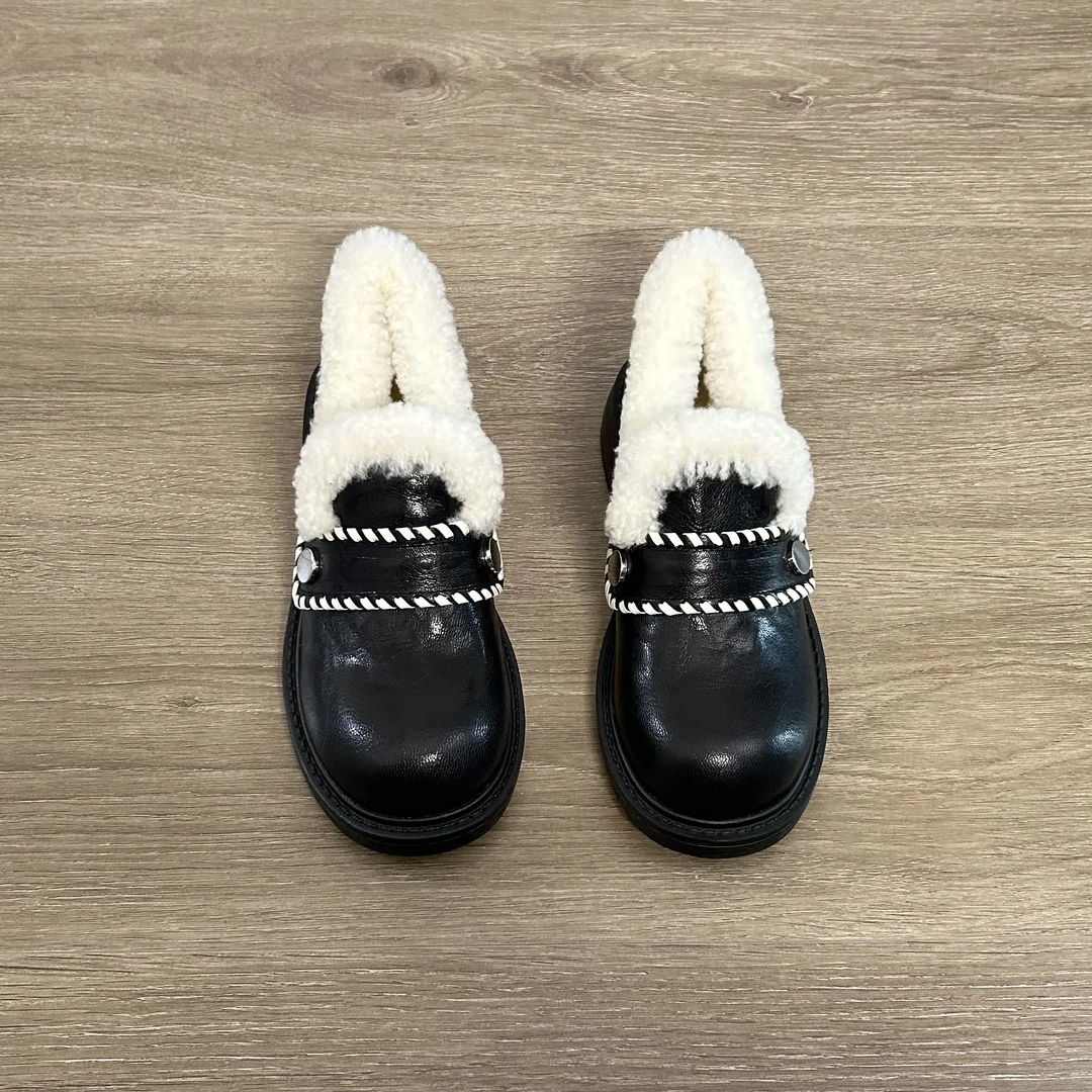 Dannyfrey加绒深口复古秋冬时尚通勤圆头皮扣编织毛毛乐福鞋3.5CM