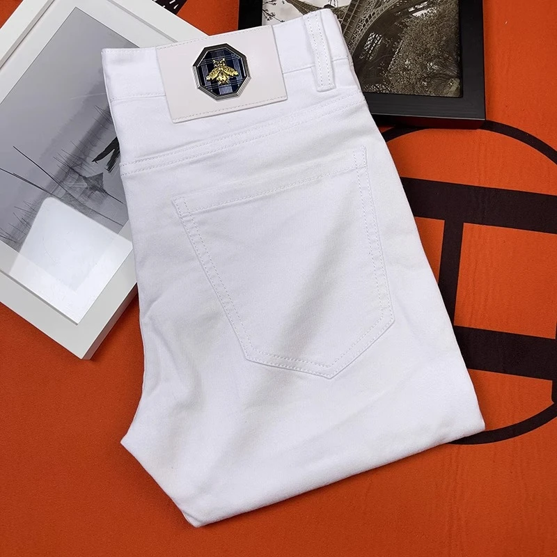 LUYEWEGER/路约威格纯白色牛仔裤男夏季薄款休闲修身小脚长裤弹力