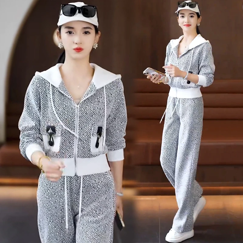 休闲运动套装女2025春季新款时髦洋气显瘦连帽开衫阔腿裤两件套潮