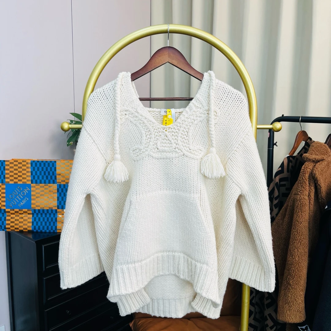 99新 Celine/思琳  白色凯旋门大logo毛衣外套 m码