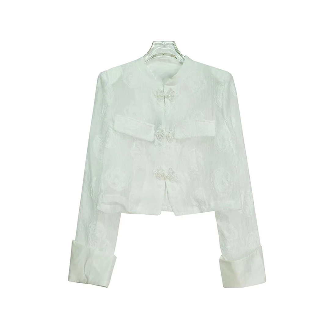 古风立领盘扣刺绣白色薄款长袖衬衣X7857