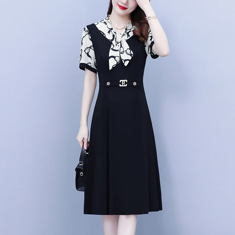 胖MM新款短袖印花拼接连衣裙气质优雅显瘦女式中年妈妈连衣裙