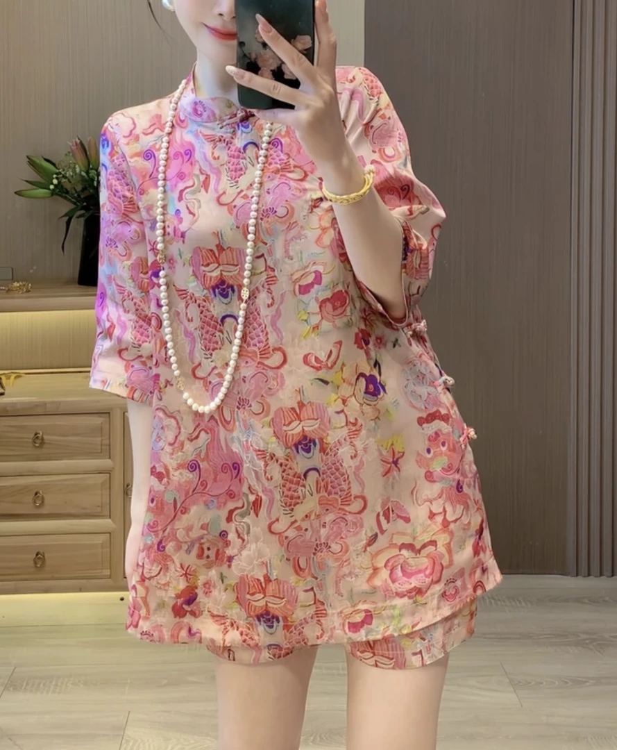 【富富有鱼】新中式国潮风2025春夏季宽松盘扣改良旗袍上衣短裤套装