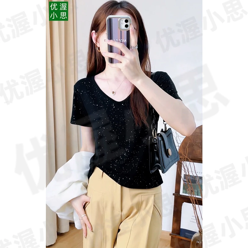 春夏25年新款满天星螺纹V领短袖显瘦T恤女士百搭上衣宽松时尚百搭