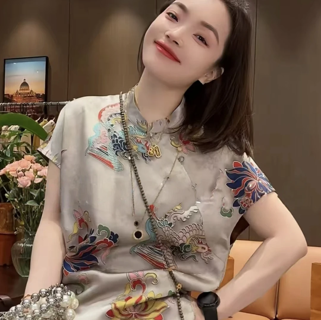 好运连连望子成龙新中式国风印花衬衫夏季高级感上衣复古百搭气质