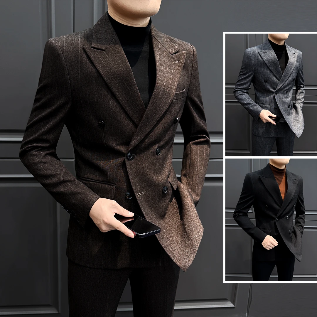戗驳领条纹西装外套男款爆款2025新款冬季男装双排扣男士西服上衣