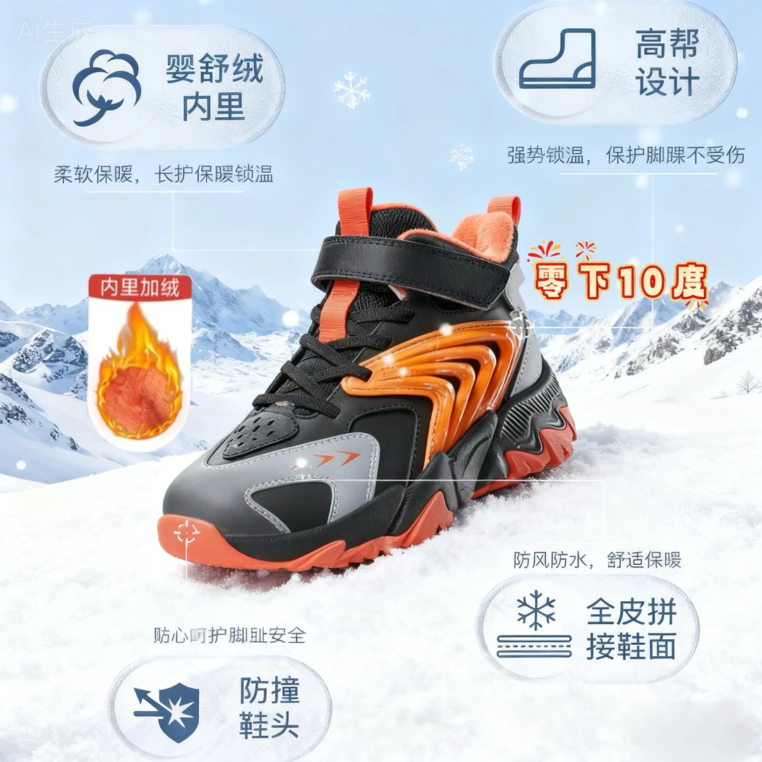 361°kids【透气二棉】儿童男女童冬季防寒高帮防滑革面防水二棉鞋