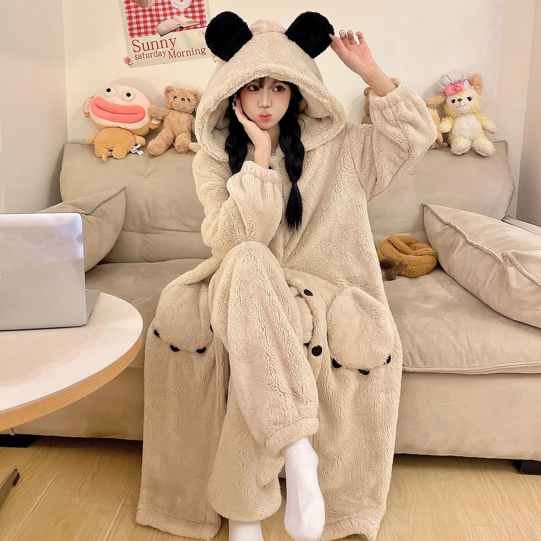 睡袍睡衣女秋冬款2025年新款法兰绒加厚加绒珊瑚绒保暖家居服套装