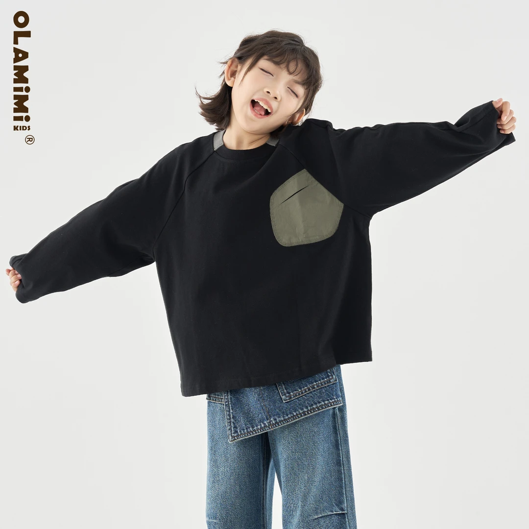 OLAMIMI童装 亲子墨黑撞色插肩袖不对称口袋纯棉休闲长袖T恤