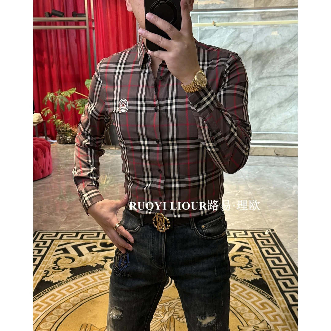 【路易理欧】欧货时尚轻奢潮流胸标修身商务百搭休闲衬衫91061